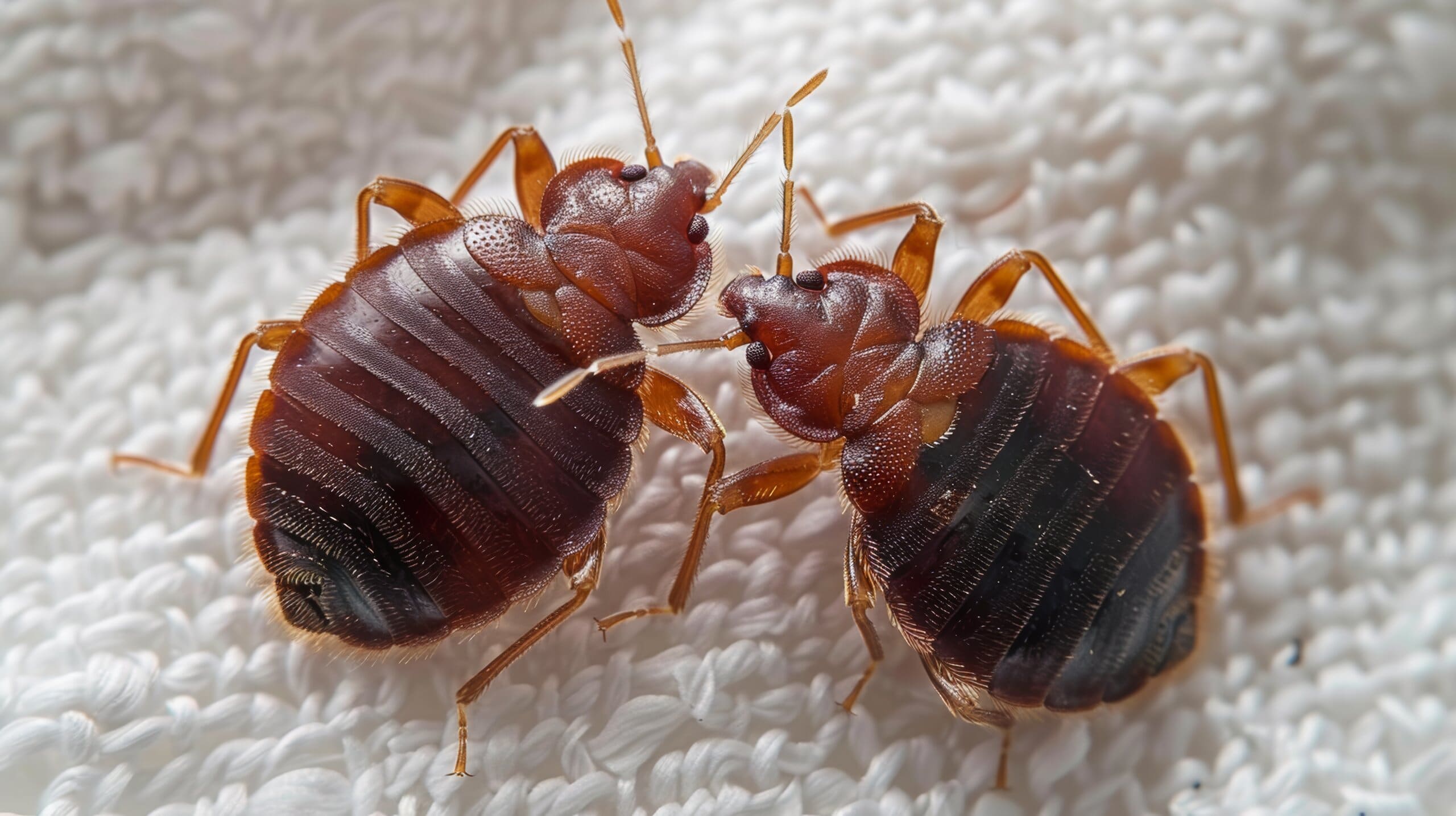 Close up of two bed bugs on fabric.