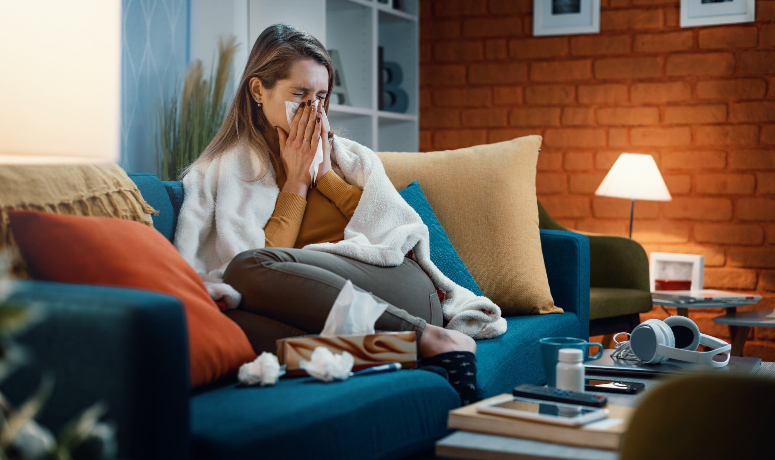 Woman sat on sofa blowing her nose, suffering from allergies.